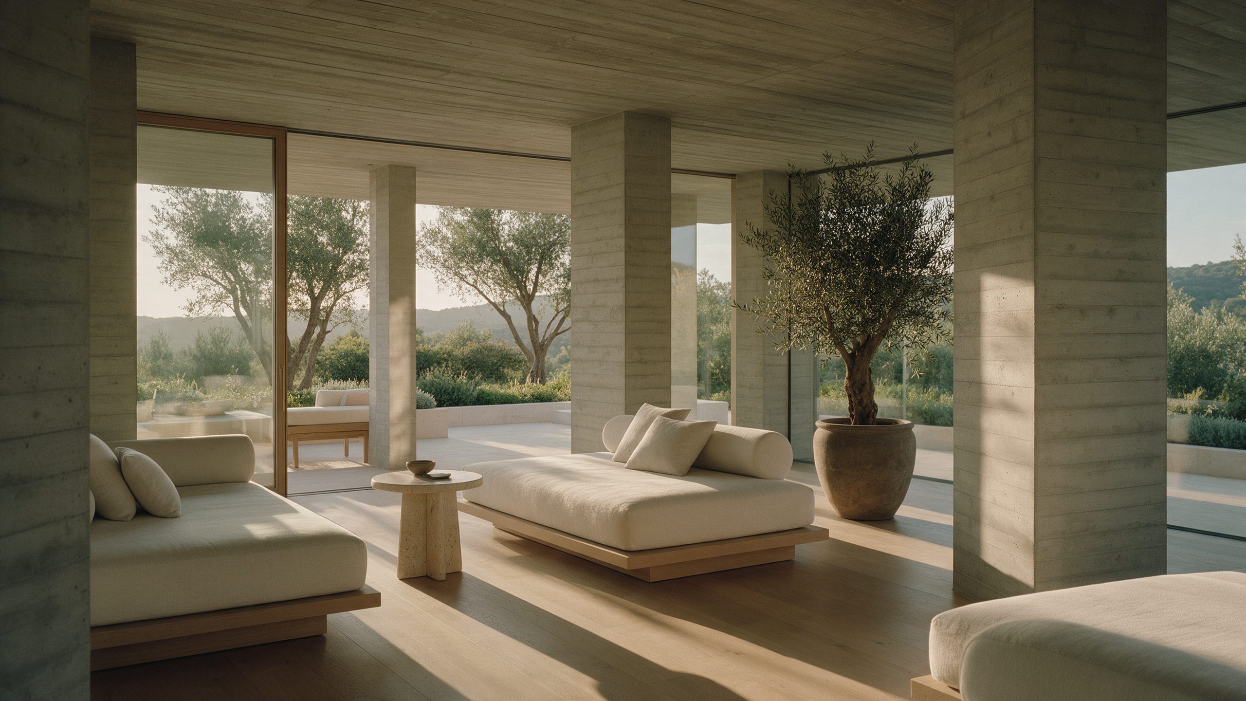 Sala de un centro de wellness con columnas de hormigón, camastros de lino y vista a un jardín de olivos.